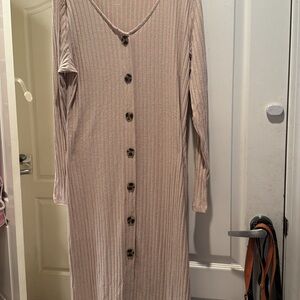 Pink Ribbed Buttoned Long Sleeve Sheath Dress